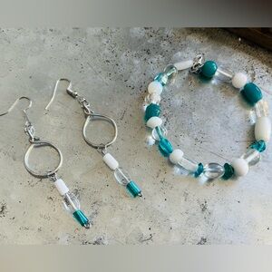 Elegant Silver and Teal Glass Beaded Bracelet and Dangle Earrings Set